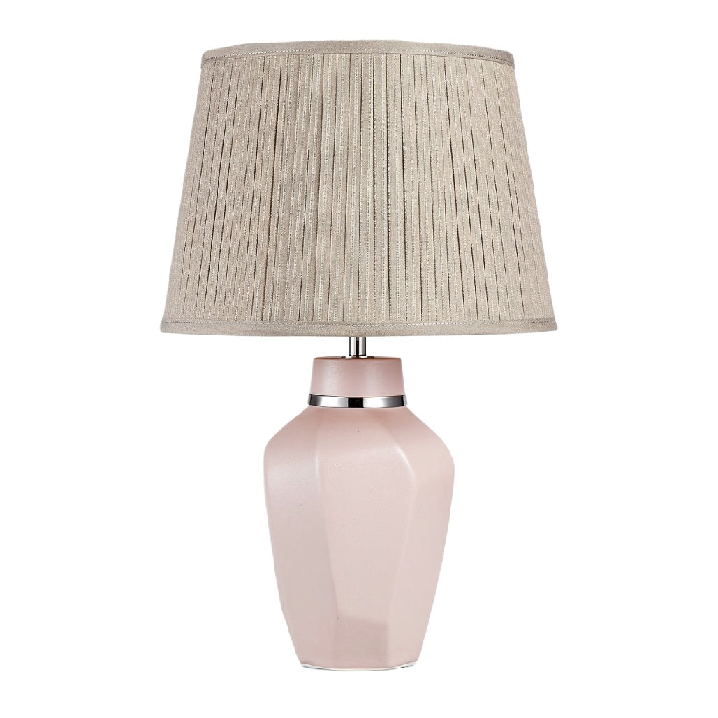 **Lampa stołowa z różowym ceramicznym kloszem i plisowanym abażurem**